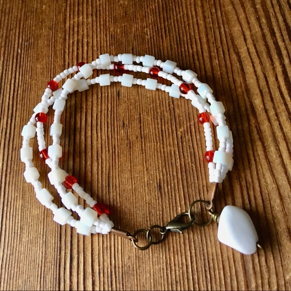 Red and White, Triple Strand Ladies Beaded Bracelet, Handmade Ladies Bracelet - Picture 5 of 7